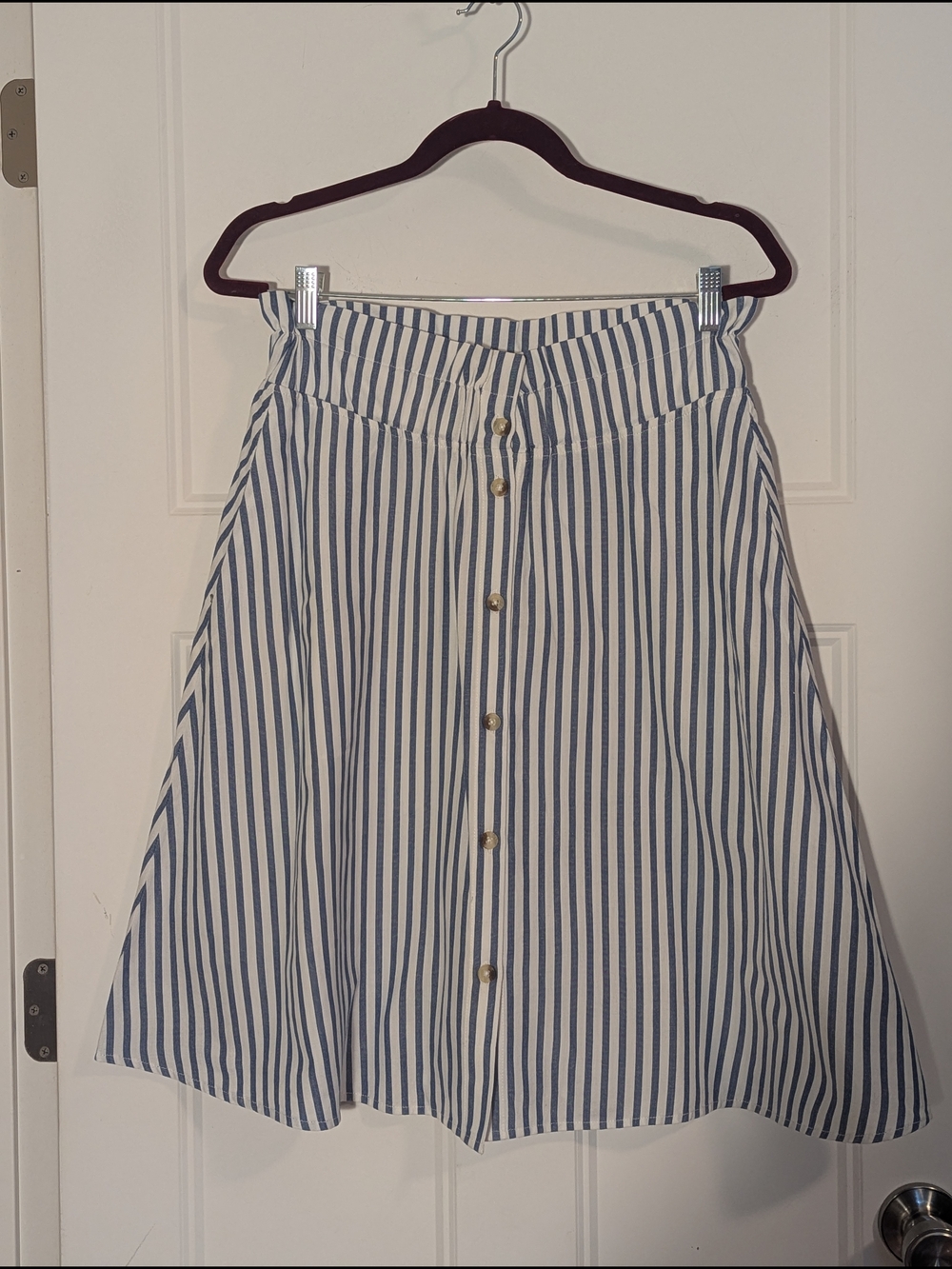 LEV Blue and White Striped A-Line Button-Front Skirt. Coastal.